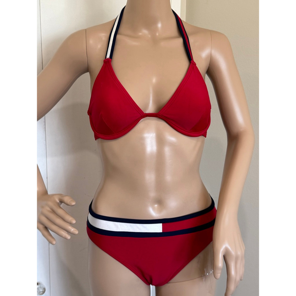 Women's Tommy Hilfiger Bikini Set Red/Navy stripe Size 10 - Picture 1 of 10